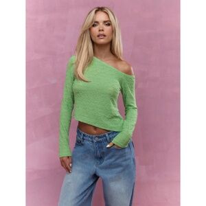 MISSGUIDED - Textured Long Sleeve Off the Shoulder Crop Top in Green | M